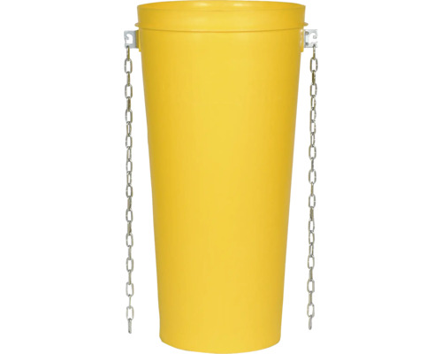 Gelber Abfallbehälter mit Kette zur Wandbefestigung