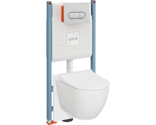 VitrA Wand-WC Set Mia Tiefspüler ohne Spülrand weiß glänzend HygieneGlaze mit WC-Sitz, Vorwandelement und Betätigungsplatte chrom 800-2021