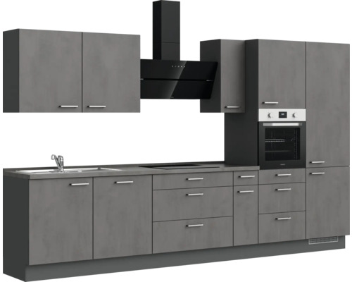 Komplette Küchenzeile mit Spüle, Schubladen, Schränken und Dunstabzugshaube