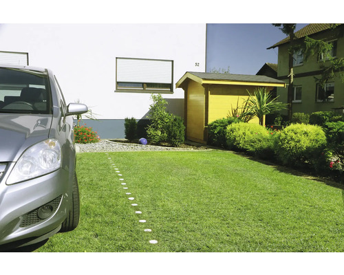 Einfahrt mit Rasen, Gartenhaus und Auto