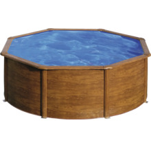 Aufstellpool mit Holzoptik und blauem Wasser