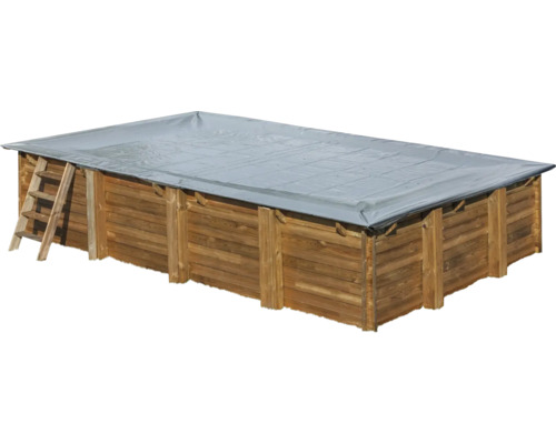 Rechteckiger Holzpool mit Abdeckung und Leiter