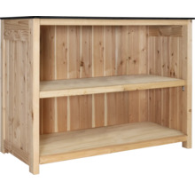 Holzregal mit zwei Ablageflächen und schwarzer Tischplatte