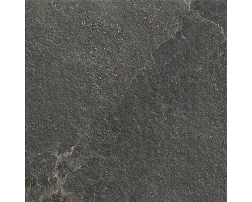 Nahaufnahme einer dunklen Bodenfliese mit Steinoptik