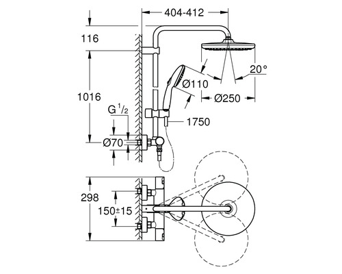 Technische Zeichnung eines Duschsystems mit Maßangaben