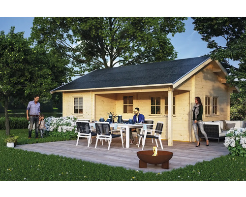 Blockbohlenhaus SKAN HOLZ Ontario Basishaus mit Fußboden 600 x 500 cm natur