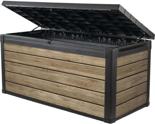 Aufbewahrungsbox, Kissenbox Keter Signature Ashwood 570 L Holzoptik anthrazit/braun Geöffnete Gartenbox mit Holzoptik