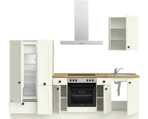 Küchenzeile mit Kühlschrank, Spüle, Herd und Dunstabzugshaube