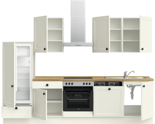 Küchenzeile mit Kühlschrank, Spüle, Herd, Backofen und Dunstabzugshaube