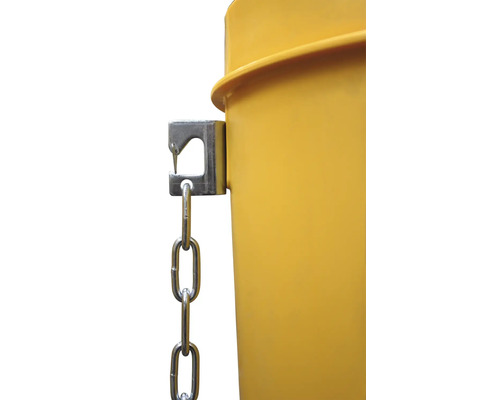 Gelber Abfallbehälter mit Kettenhalterung