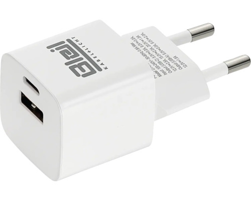 Schnelllade Adapter 30W PD (power delivery) mit 1x USB A und 1 x USB C Ausgang Steckdosenadapter mit USB Anschlüssen und Bleil Logo
