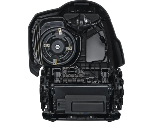 Unterseite eines Rasenmähroboters mit Mähwerk und Antriebsrädern