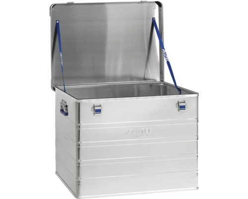 Geöffnete Aluminiumkiste zur Aufbewahrung und zum Transport