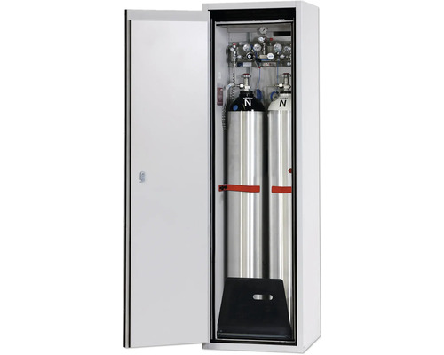 Gasflaschenschrank mit zwei Druckgasflaschen und zugehöriger Installation