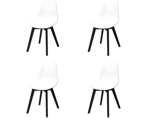 Vier weiße Stühle mit schwarzen Beinen