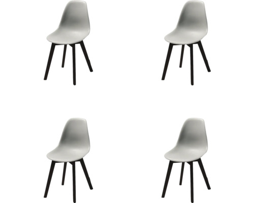 Vier Stühle mit Kunststoffschale und Holzbeinen