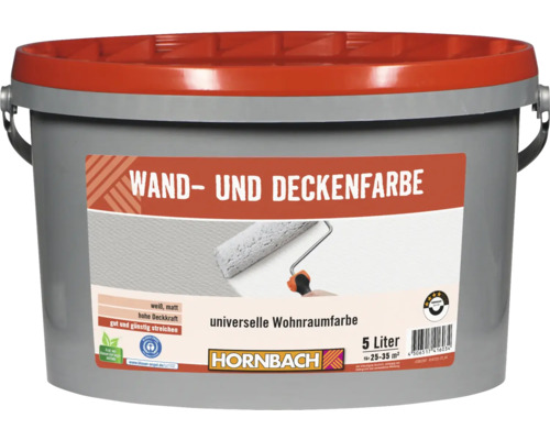 HORNBACH Wand- und Deckenfarbe konservierungsmittelfrei weiß 5 L Eimer Wand- und Deckenfarbe für den Innenbereich, 5 Liter, mit Hornbach Logo