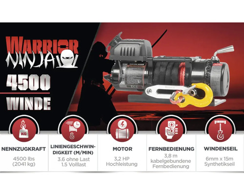 Warrior Ninja 4500 Seilwinde mit einer Nennzugkraft von 2041 Kilogramm, einer Motorenleistung von 3,2 PS und einem 6 Millimeter mal 15 Meter Synthetikseil.