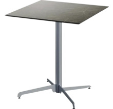 Quadratischer Stehtisch mit Metallfuß und Tischplatte in Steinoptik
