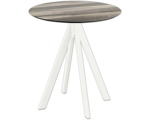 Terrassentisch Infinity Tropical Wood rund Aluminium, HPL Ø 70 cm weiß Beistelltisch mit runder Tischplatte und dreibeinigem Untergestell