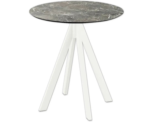 Terrassentisch Infinity Galaxy Marble rund Edelstahl, HPL Ø 70 cm weiß Runder Tisch mit Marmorplatte und weißem Dreibeingestell