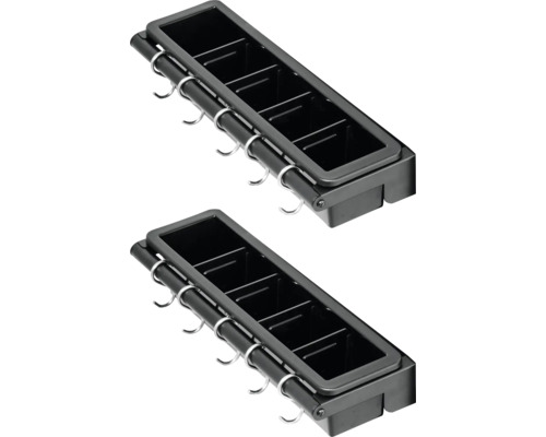 Zwei schwarze Küchenutensilienhalter mit Haken zur Aufbewahrung von Küchenutensilien