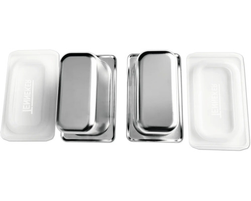 Zwei Edelstahl-Einbaugriffe mit zugehörigen Kunststoff-Abdeckungen