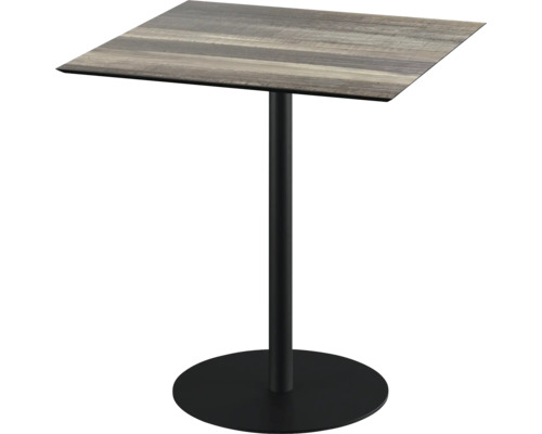 Urban Terrassentisch Tropical Wood eckig Aluminium, HPL 70×70×73,2 cm schwarz Quadratischer Stehtisch mit Holzoptik-Tischplatte und Metallsäule