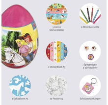 Bibi und Tina Überraschungs-Ei mit 5 kleinen Stickerbögen, 6 Mini-Buntstiften, 1 Stickerbogen A5, Anspitzer, 2 2D Radiergummis, 1 Schablone A5, 10 Poster A5 und Schlüsselanhänger