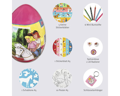 Bibi und Tina Überraschungs-Ei mit 5 kleinen Stickerbögen, 6 Mini-Buntstiften, 1 Stickerbogen A5, Anspitzer, 2 2D Radiergummis, 1 Schablone A5, 10 Poster A5 und Schlüsselanhänger