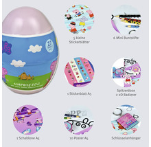 Peppa Pig Überraschungsei mit 5 kleinen Stickerblättern, 1 Stickerblatt A5, 6 Mini Buntstiften, Spitzerdose, 2 Radierern, 1 Schablone A5, 10 Postern A5 und Schlüsselanhänger
