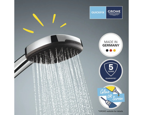 Grohe Handbrause mit Wasserstrahl sowie Logos und Siegel zu Produkteigenschaften wie Quickfix, Made in Germany, fünf Jahre Garantie und Kleben oder Schrauben