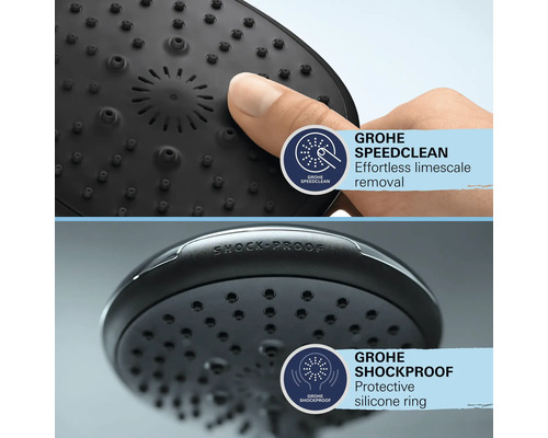 Detailaufnahme eines Duschkopfs mit SpeedClean Funktion zur Kalkentfernung und Shockproof Schutzring.