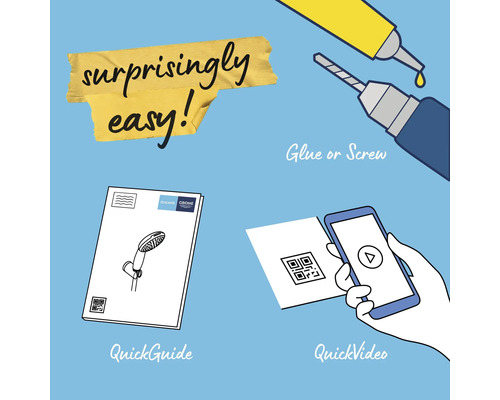 Anleitung zur einfachen Montage mit Kleben, Schrauben, Schnell-Anleitung und Video-Anleitung.