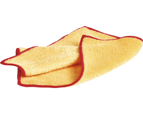 Gelbes Reinigungstuch mit roter Umrandung.