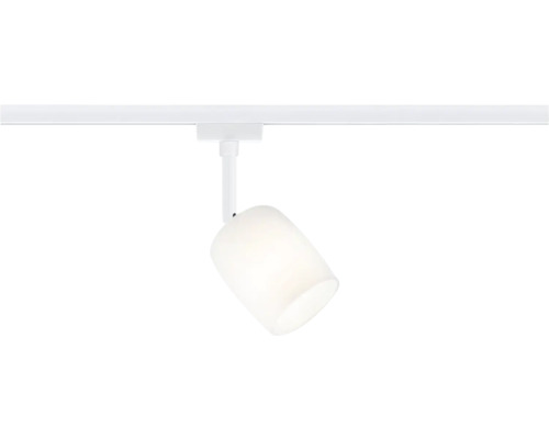 Weißer Schienenstrahler für die Deckenmontage.