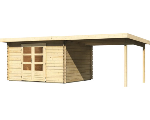 Holzgartenhaus mit Doppeltür und Anbau