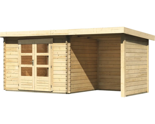 Holzgartenhaus mit Doppeltür und seitlichem Unterstand