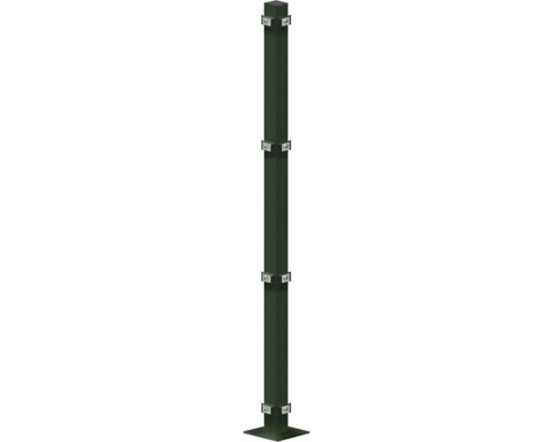 Eckpfosten 60x60x1280 mm mit Fußplatte für Zaun 123 cm Höhe RAL 6005 moosgrün Pfosten mit Halterungen