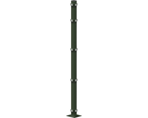 Eckpfosten 60x60x1480 mm mit Fußplatte für Zaun 143 cm Höhe RAL 6005 moosgrün Pfosten mit Halterungen zur Befestigung von Schildern