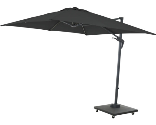 Schirm mit rechteckigem Schirmdach und seitlichem Mastfuß