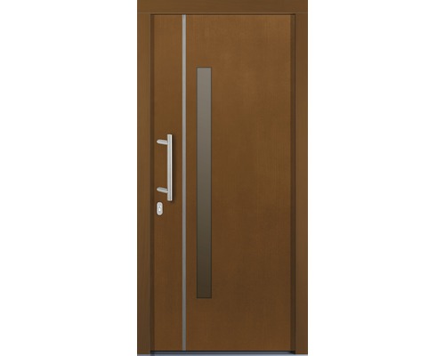 Haustür aus Holz mit Griff und Glasausschnitt