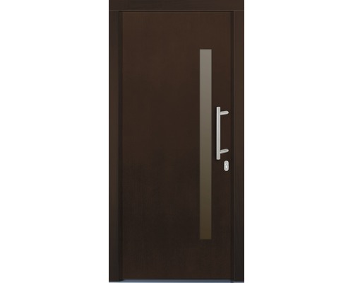 Braune Haustür mit Glaseinsatz und Edelstahlgriff