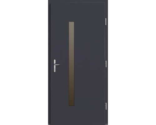 Graue Haustür mit schmalem Sichtfenster