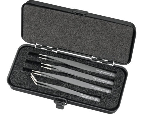 Wiha Pinzetten Set in einer Aufbewahrungsbox mit vier verschiedenen Pinzetten