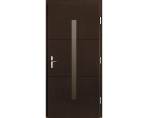 Braune Haustür mit Glasausschnitt und Edelstahlgriff