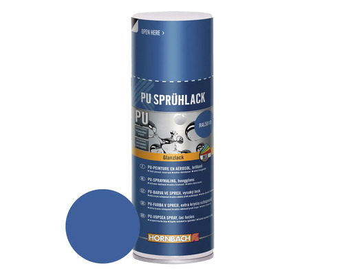 HORNBACH PU-Sprühlack RAL5010 enzianblau glänzend 400 ml PU Sprühlack Spraydose mit Farbbeispiel und Hornbach Logo