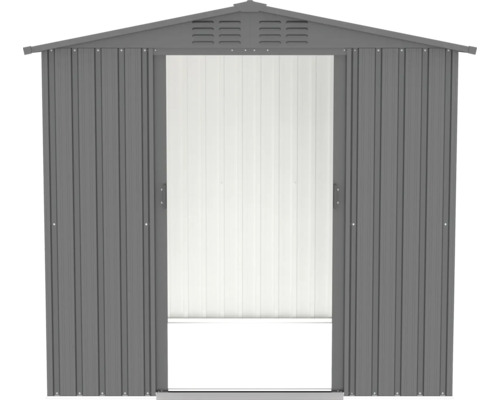 Metall Gerätehaus mit offener Tür