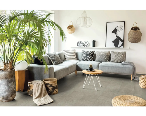 Wohnzimmer mit grauer Eckcouch, Zierkissen, Zimmerpflanze und dekorativen Elementen