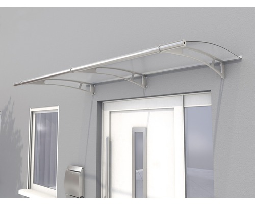 Vordach aus Metall und Kunststoff über einer Haustür.